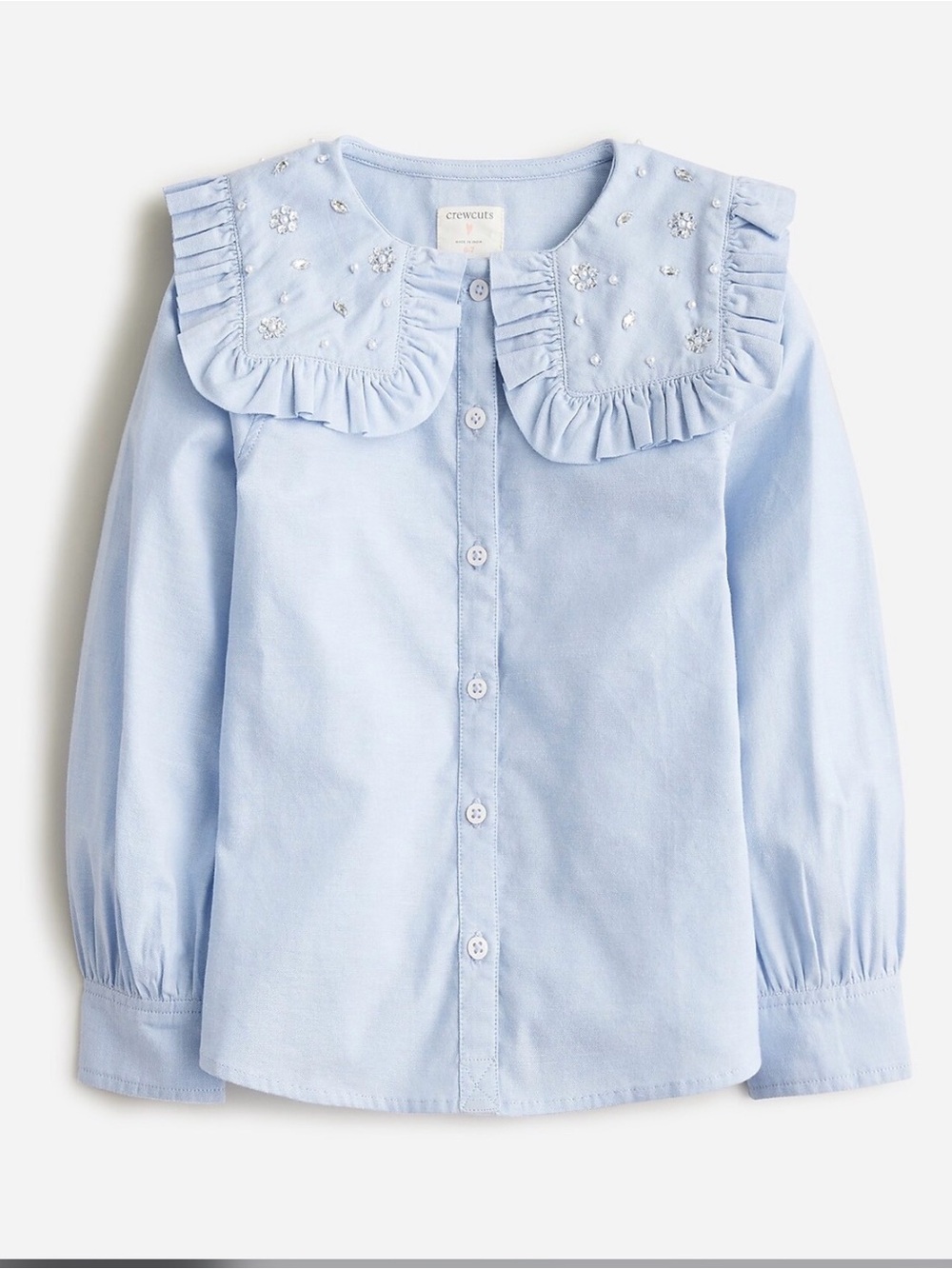 Crewcuts Light Blue Ruffled rhinestone and pearl Collar Button-Down Shirt 4/5